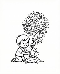 A Child Planting a Star in the Ground Surrounded by Sprouting Leaves and Whimsical Design Elements