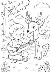 coloring book Boy Playing Guitar For Deer – A child plays music while the deer relaxes.