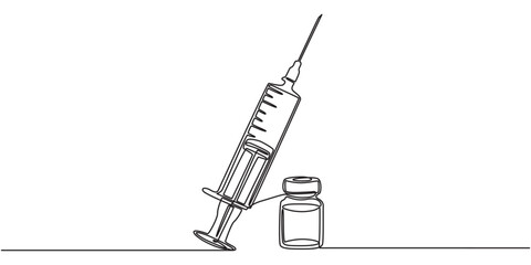 One continuous line drawing of medicine set with syringe and vial, Medical syringe and medicine vial. Pharmaceutical components and vaccine symbol in a simple linear style editable stroke.
