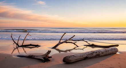 Driftwood logs and branches scattered on a wet sandy beach at sunset with ocean waves and colorful sky