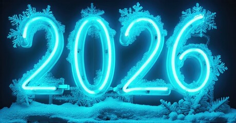 Bright neon digits display year 2026. Snowflakes surround numbers, creating winter holiday vibe. Dark background enhances glow.
