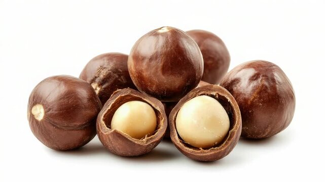 Video A stack of various nuts arranged on a clean white background, great for food or packaging concepts