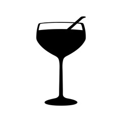 A minimalist black silhouette of a classic cocktail coupe glass with a drinking straw inside, filled with a beverage, perfect for bar menus, events, and elegant designs.