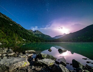 Serene mountain lake under a starry night sky, illuminated by lightning and reflected in calm water