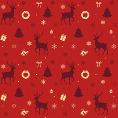 Red and Gold Christmas Reindeer and Icon Repeating Pattern