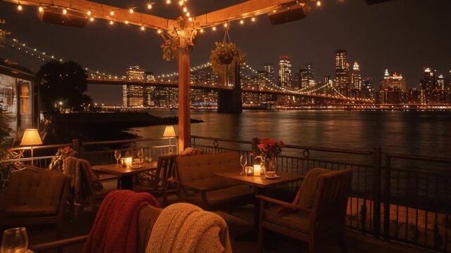 Romantic riverside terrace at night with string lights, cozy seating, candles, and a stunning city skyline and bridge view.