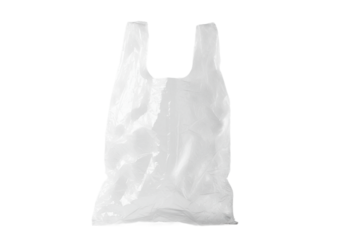 Heavily crinkled translucent single-use plastic shopping bag with two handles, on a transparent background with copy space, thought-provoking concept of plastic pollution and waste