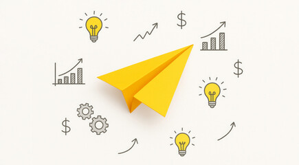 Yellow paper airplane flying through business ideas and financial icons. Future business success and quick career progress flat lay illustration.