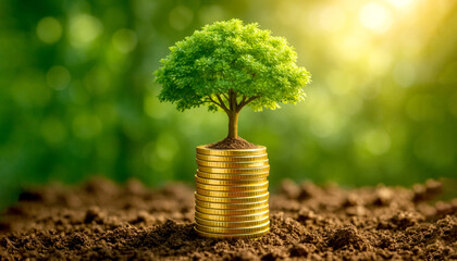 Small tree growing on a stack of golden coins symbolizing investment growth. Financial success and sustainable development concept. Saving money for future investment and environmental sustainability.