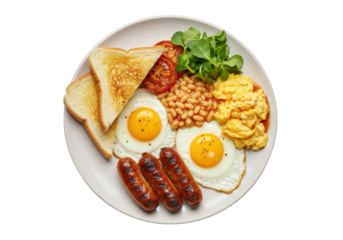Rustic white plate, fried eggs, sausages, toast, beans, tomatoes, flat lay on transparent background, copy space, concept of culinary appeal