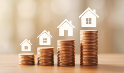 Real estate investment concept with coin stacks and house icons. Increasing home value and property price growth symbolized by money. Financial planning for buying a home with rising property values.