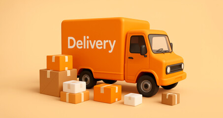 A bright orange delivery truck and shipping boxes. Fast package shipping and logistics concept. E-commerce and transportation service with a cargo van.