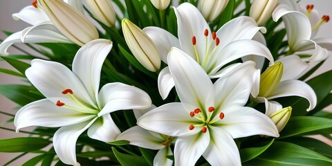 Elegant bouquet of pristine white lilies, lush green foliage,  blossom,  background