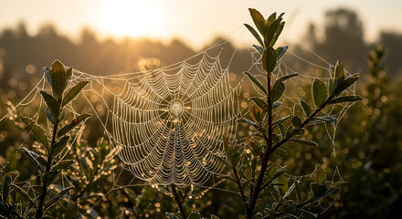 Dew covered spider web between green plants at sunrise, intricate natural structure catching morning light, detailed macro view