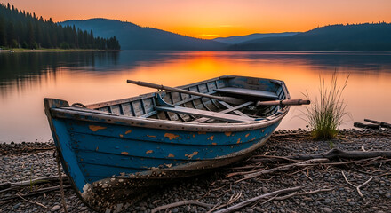 Old blue rowboat resting on the shore of a calm lake at sunset with mountains in the background