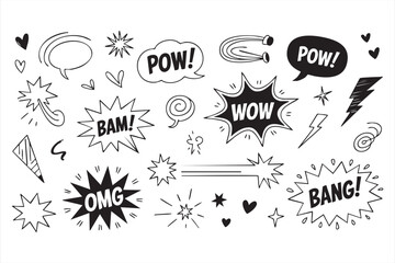 Comic Action Sound Effects with POW BAM WOW BANG in Doodle Style