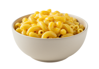 Cooked elbow macaroni pasta with thick, velvety bright golden yellow cheese sauce in an off-white ceramic bowl, isolated against a transparent background with copy space, comfort food concept