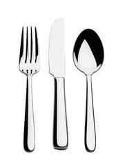 Three precisely arranged polished silver cutlery pieces (fork, knife, spoon) against a transparent background with subtle shadows, concept of luxury kitchenware advertising