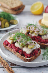 Scandinavian sandwiches with herring and beetroot	