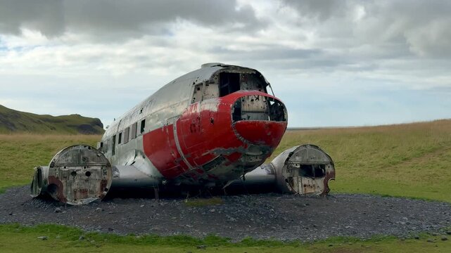 Abandoned Douglas DC-3 Aircraft Wreck near Markarvegur in Hvolsv&ouml;llur, Close to Seljalandsfoss Waterfall in South Iceland, Rusted Plane Fuselage in Open Nature