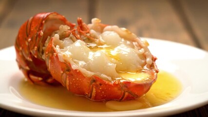 Luxurious Lobster Tail Delicacy A Close-Up of a Perfectly Cooked Lobster Tail Basted in Rich Butter Sauce Served on a White Plate, Garnished and Ready to Enjoy, My Video-99