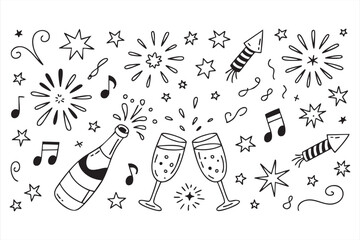 Hand-Drawn Fireworks and Champagne Doodle Icons for Festive Designs