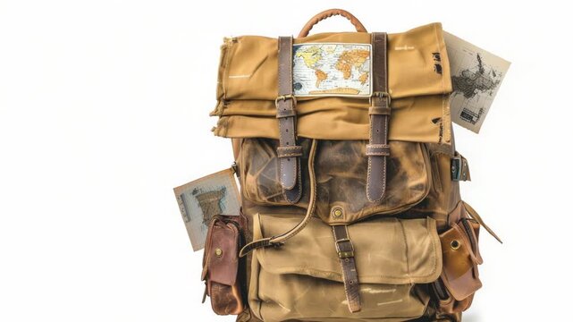 Video A backpack containing a map and a passport, perfect for adventure and exploration