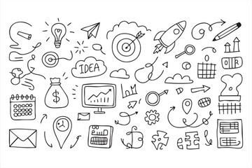 Startup-themed hand-drawn icons for business charts, finance, and communication