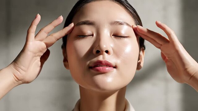 Asian woman massaging face with glowing skin for commercial skincare broll footage