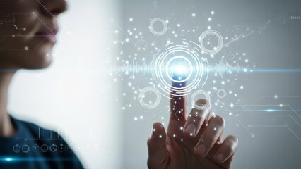 Finger touching glowing white network of connected dots and lines symbolizing data exchange