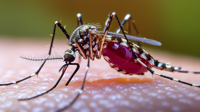 Dengue hemorrhagic fever DHF mosquito sucking human skin.
