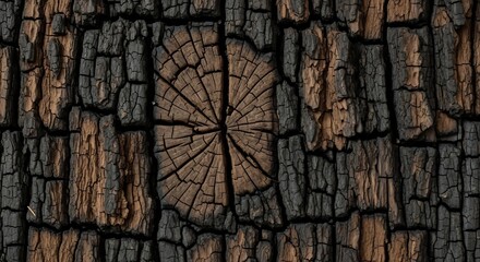 Detailed Close-Up of Charred Wood Texture with Radial Cracks.