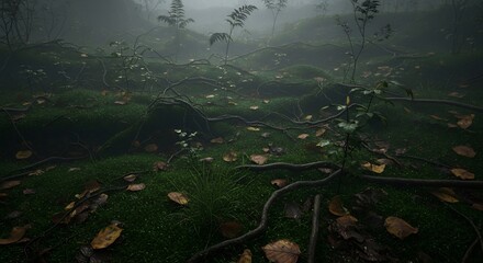 Eerie Forest Floor with Fallen Leaves and Foggy Backdrop.