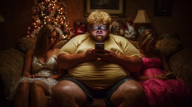A Cozy Gathering Captured: A Young Man Surrounded by Two Women on a Couch, Engrossed in His Phone with a Festive Background of Christmas Decorations and Lights