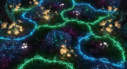 Enchanted bioluminescent garden with glowing flora and mystical pathways.