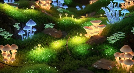 Enchanted Forest - A Luminous Mushroom Garden in the Night.