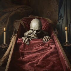 Oil Painting of a Gaunt Vampire Peering From Inside a Partially Open Coffin Surrounded by Old Velvet Drapes