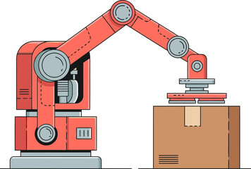 A robotic arm precisely places a box on a table. Clean, modern illustration with a bright, red robot and a brown cardboard box. Suitable for industrial, technology, and logistics themes.