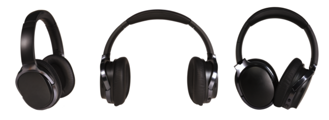 A set of black wireless headphones from different angles on a white isolated background