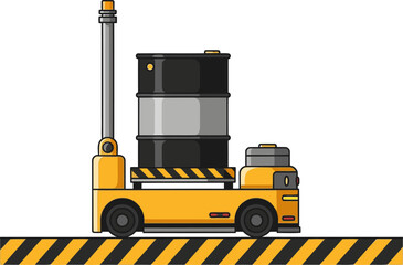 A stylized illustration depicts a yellow forklift carrying a barrel with a safe handle. It?s set against a black and yellow striped road. Clean, modern, and visually appealing for commercial use.