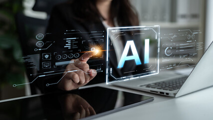 A futuristic user interface for business intelligence. This advanced AI dashboard displays complex data analysis, charts, and graphs for strategic corporate insights. Fermion