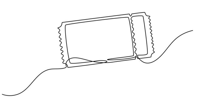 Animated self drawing of Ticket Single Line Icon, Concert or Movie Ticket, Continuous one line drawing cinema ticket. Vintage cinema ticket
