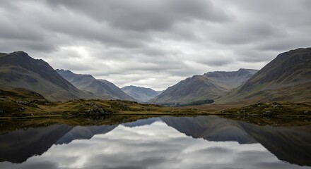 Serene mountain landscape with lake reflecting overcast sky and distant peaks
