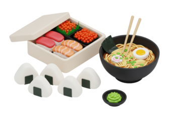 A high-quality 3D render of stylized Japanese bento box with fresh sushi, onigiri, ramen, wasabi on transparent background, concept of premium Japanese takeout