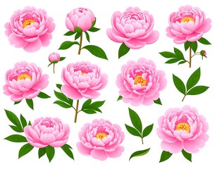Set of pink peony flowers, buds, and green leaves on a white background