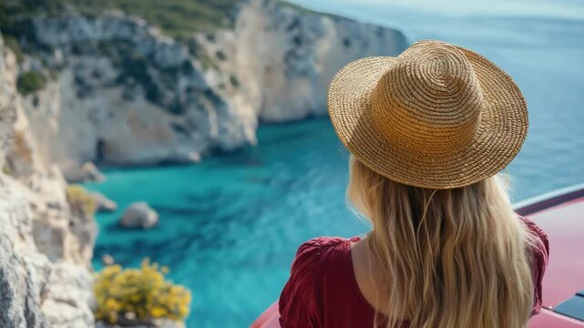 Video A woman wearing a hat gazes out at the ocean, possibly lost in thought