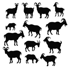 Goat Silhouette Set, Farm Animal Goat Icons, Black Silhouette Goats Collection, Vector Goats in Different Poses, silhouette, vector, illustration.