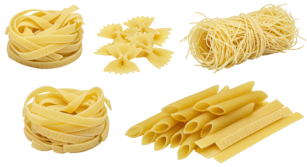 Meticulously arranged dry, uncooked Italian pasta varieties: tagliatelle, farfalle, penne, capellini, fettuccine, on transparent, soft studio light. Culinary concept