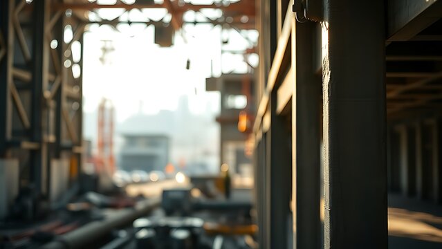 disavowal. Construction site with abstract industrial elements, metal and concrete textures, and dramatic side lighting. real-estate listings.
