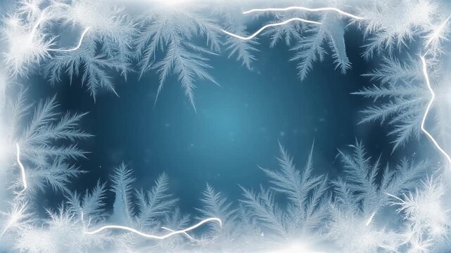 Frosty winter ice crystal border with glowing light effects on a gradient blue background, suitable for festive and seasonal designs
